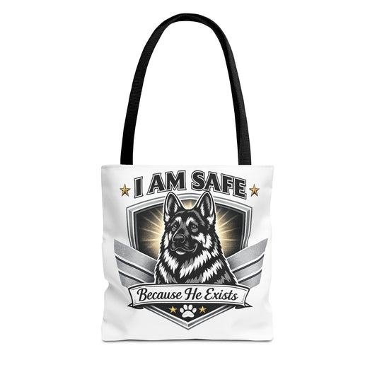 I Am Safe Because He Exists German Shepherd Tote Bag — K9 Protector Dog Lover Gift
