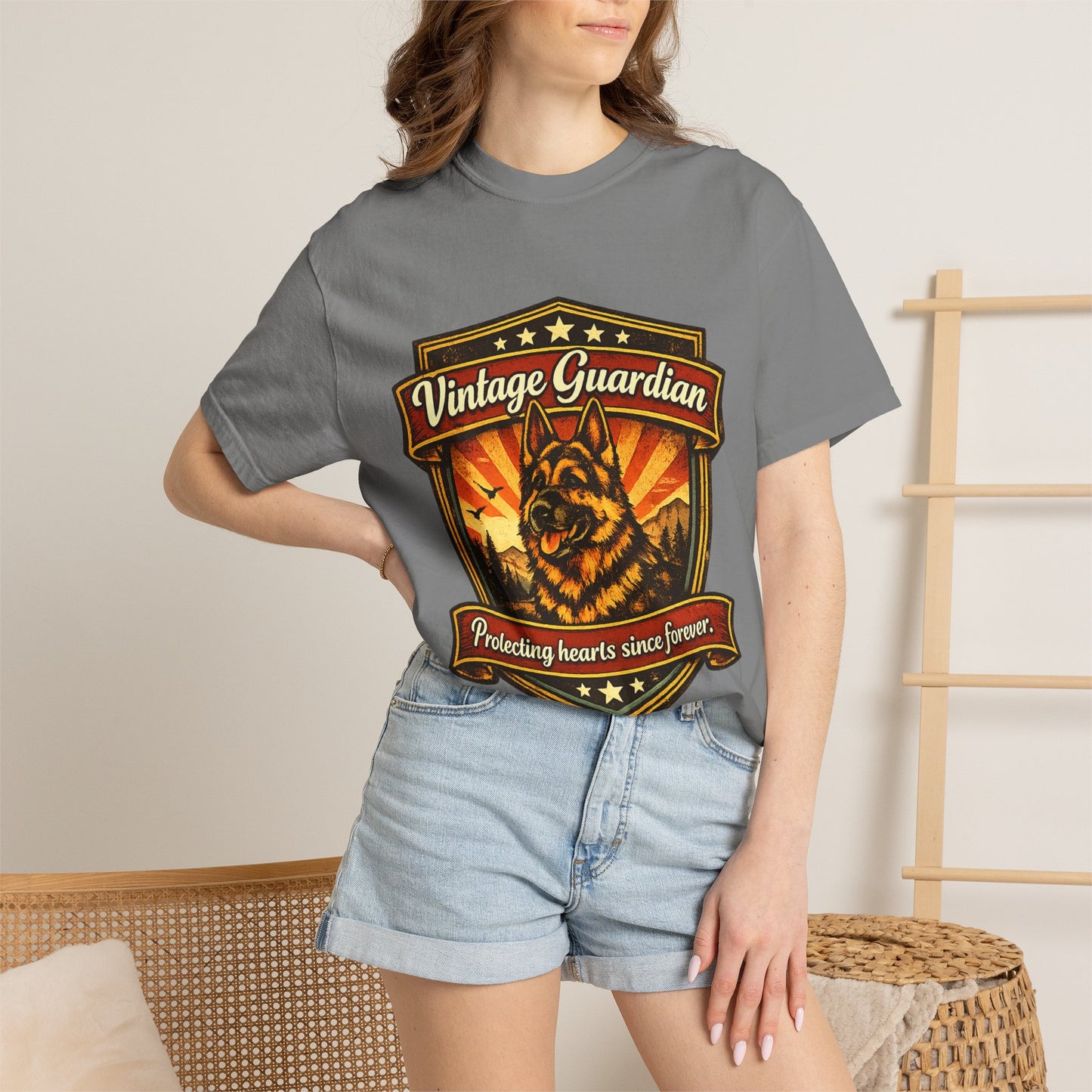 Vintage Guardian German Shepherd T-Shirt | Dog Badge Shield Design