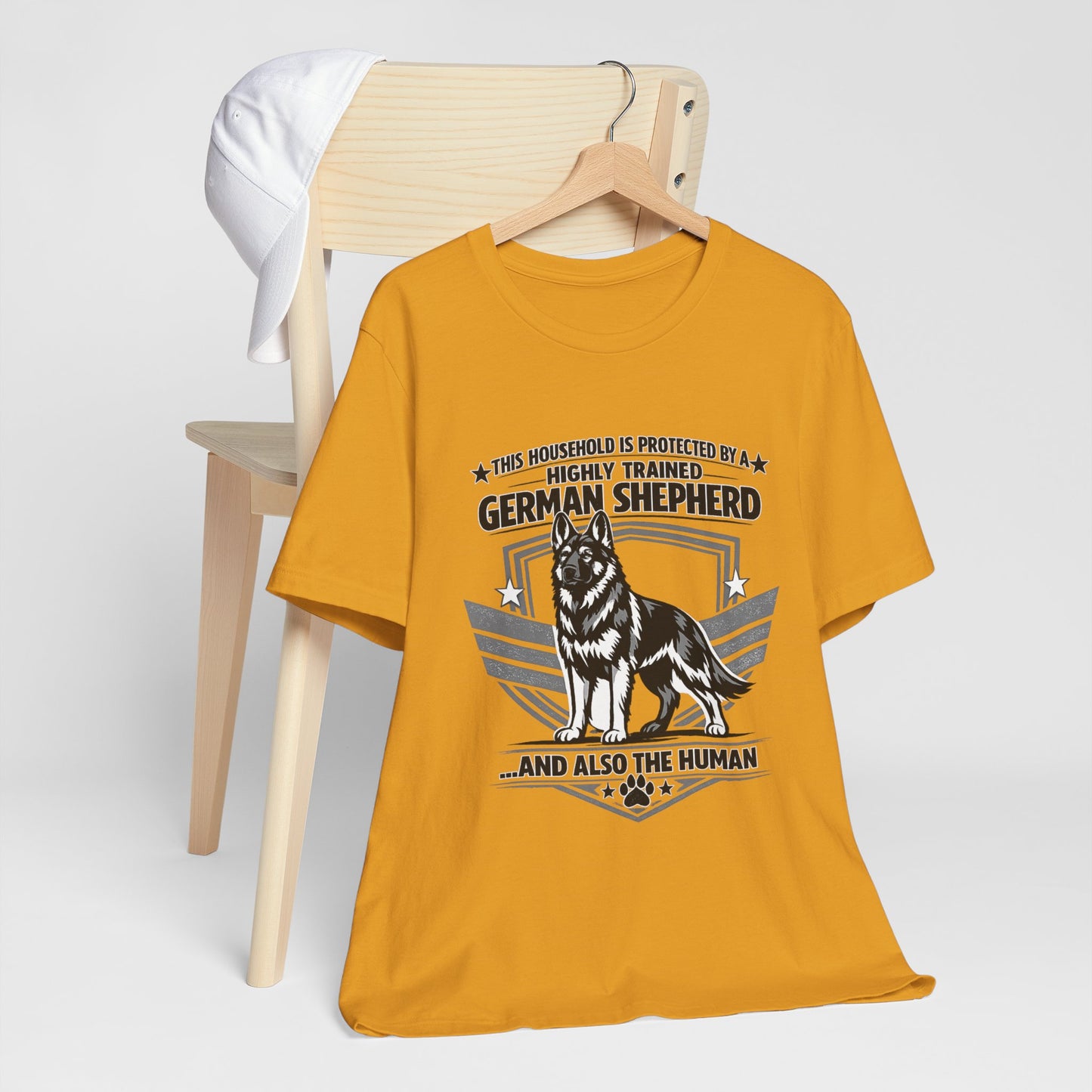 German Shepherd Tee - "This Household is Protected by a Highly Trained German Shepherd (and Also the Human)" Dog Lover Shirt