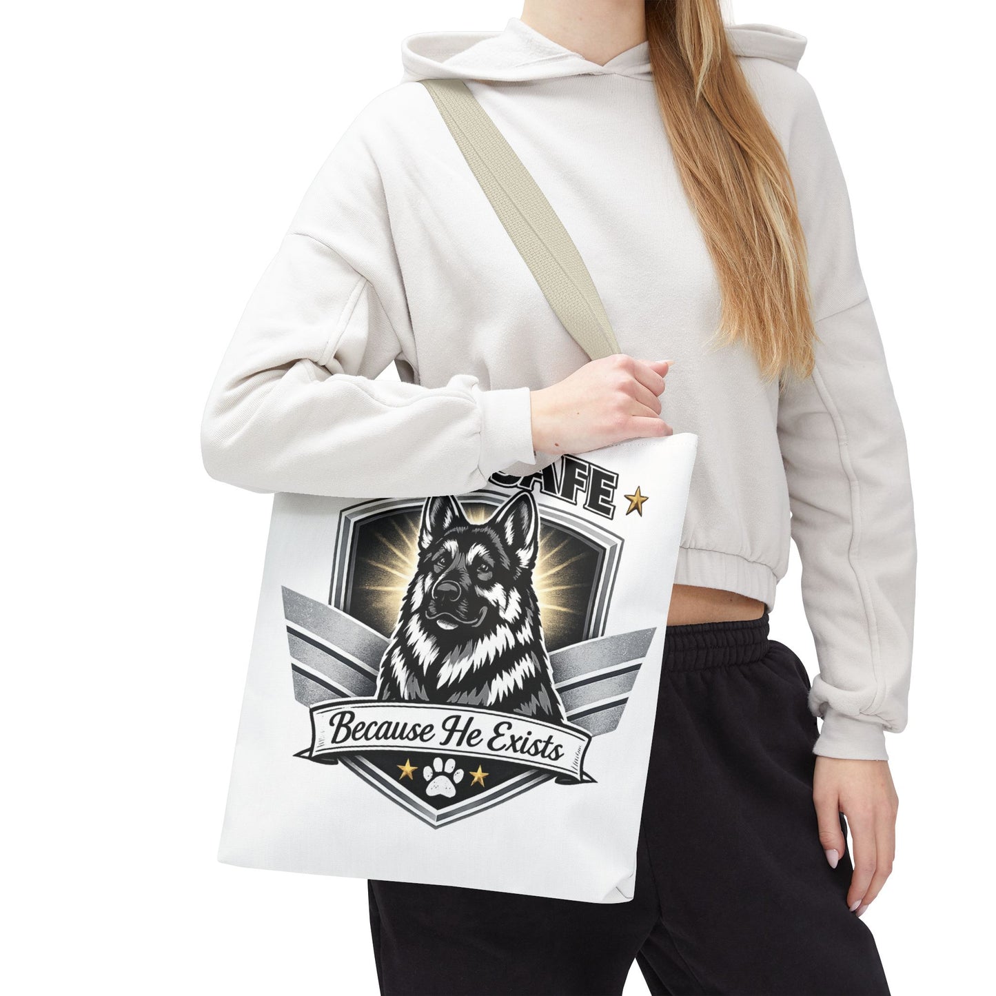 I Am Safe Because He Exists German Shepherd Tote Bag — K9 Protector Dog Lover Gift