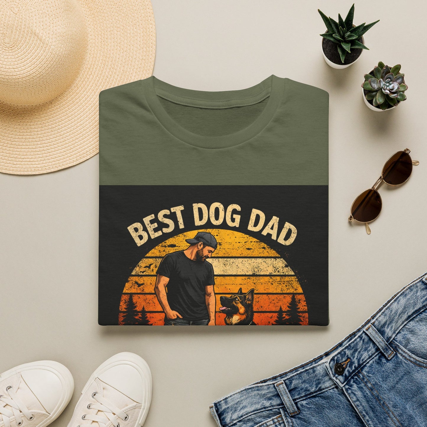 Best Dog Dad T-Shirt | Retro Sunset Dog Dad By My Side Design