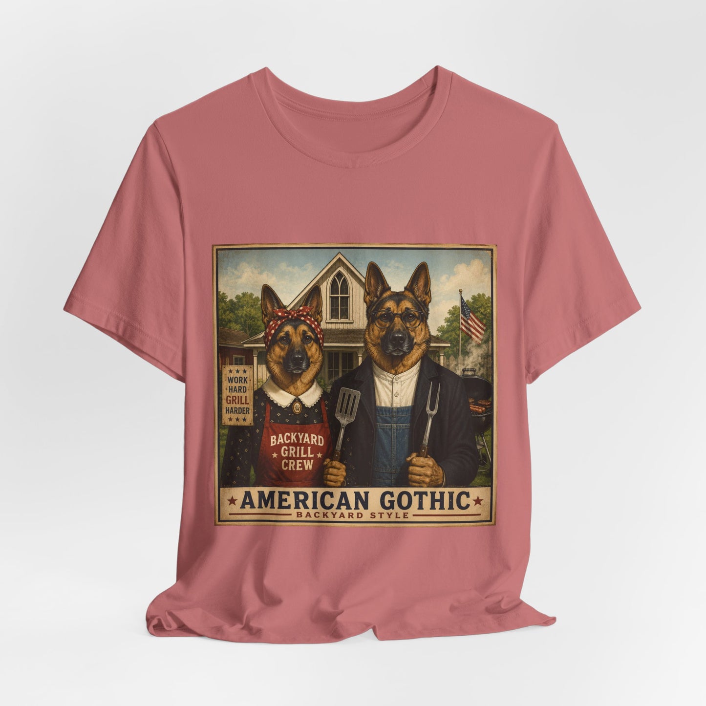 American Gothic – Backyard Style | German Shepherd BBQ T-Shirt