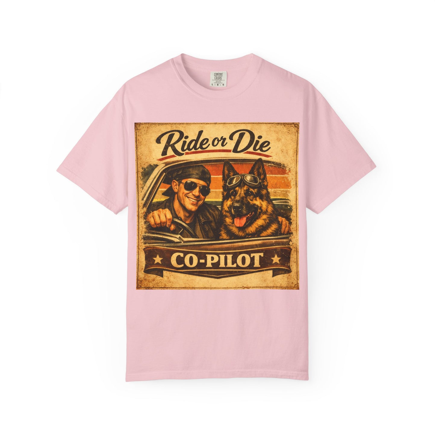 Ride or Die Co-Pilot T-shirt | Retro Driver and German Shepherd Design
