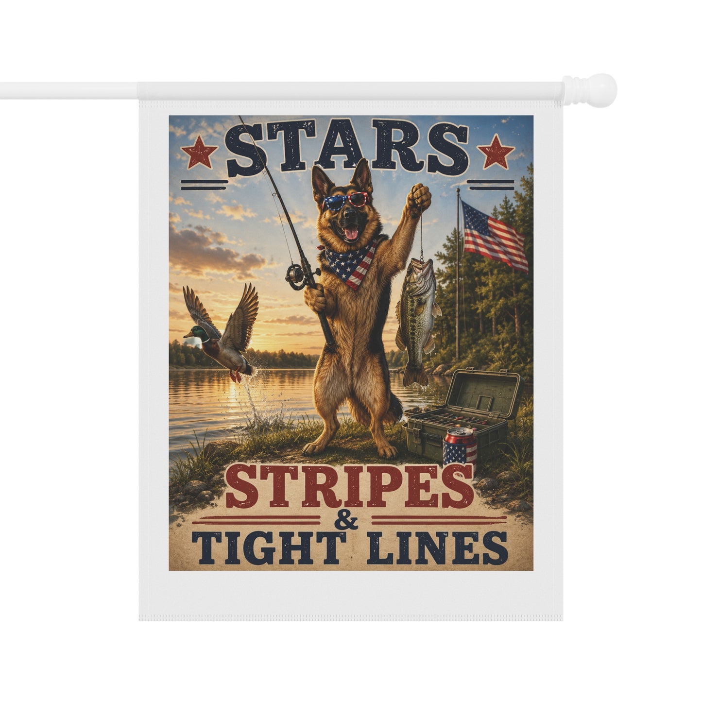 Patriotic German Shepherd Fishing Garden Flag - "Stars, Stripes & Tight Lines"