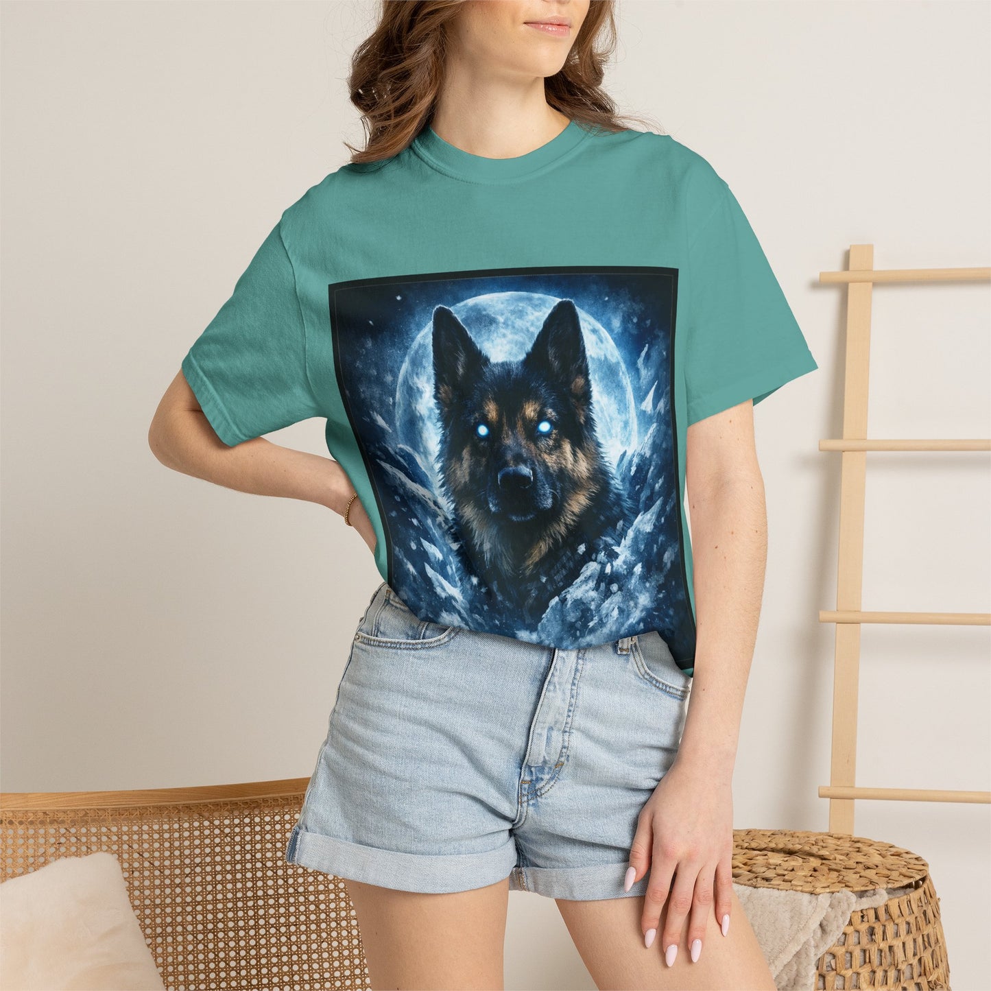 Mystic German Shepherd Moon T-shirt | Glowing Blue German Shepherd Portrait