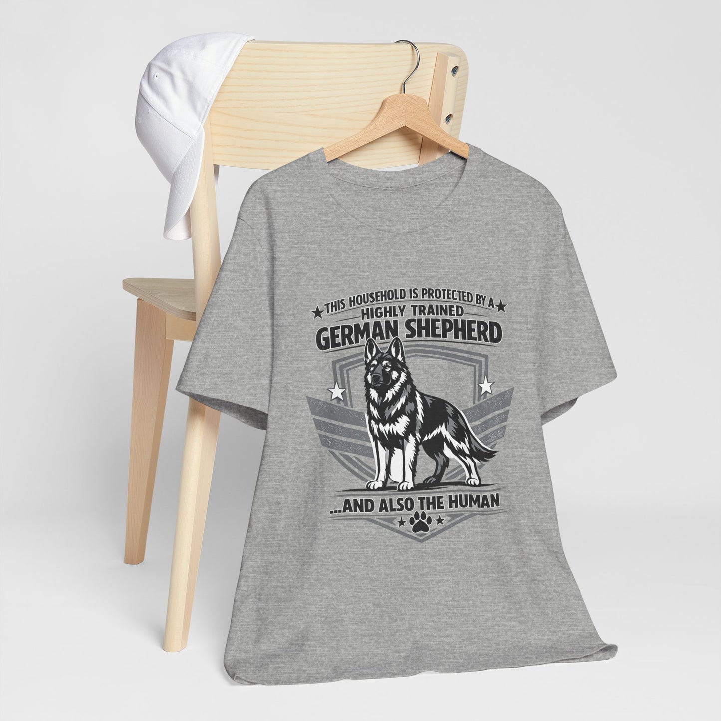 German Shepherd Tee - "This Household is Protected by a Highly Trained German Shepherd (and Also the Human)" Dog Lover Shirt