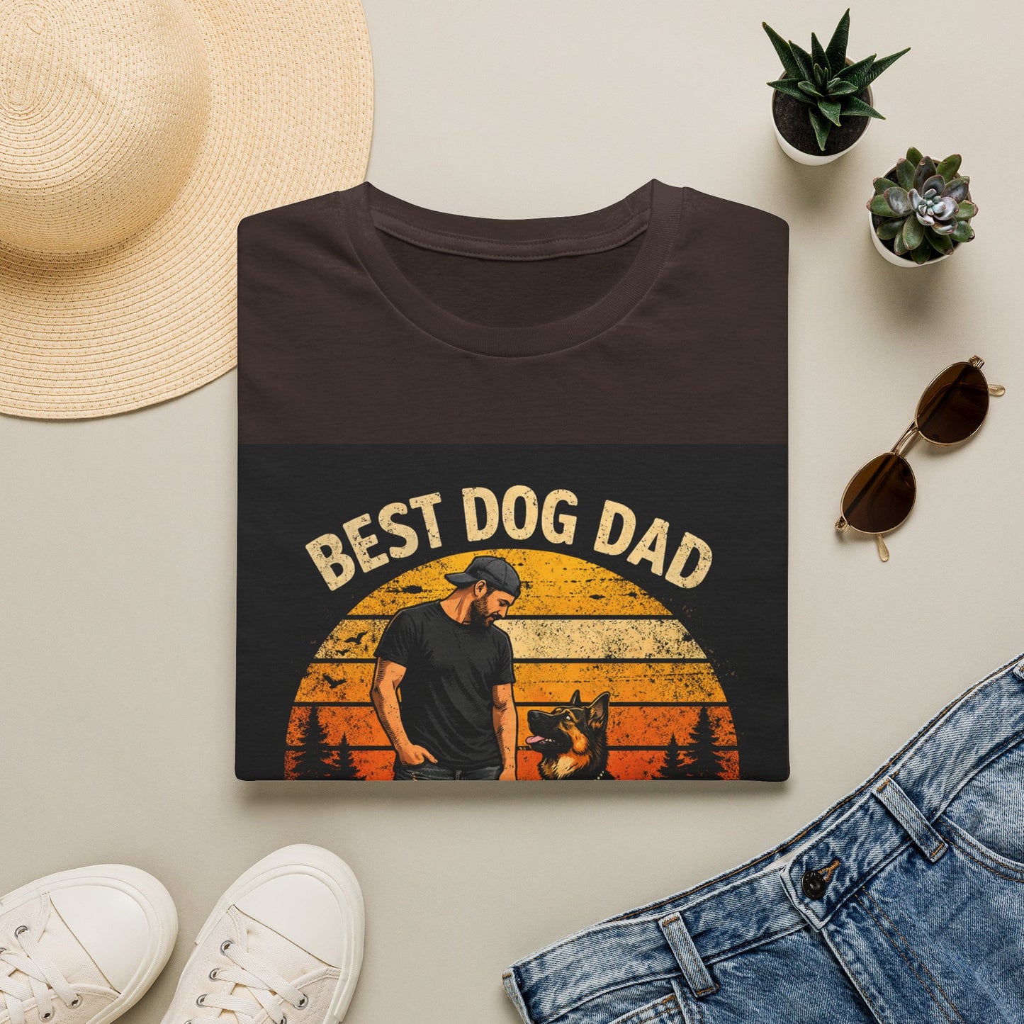 Best Dog Dad T-Shirt | Retro Sunset Dog Dad By My Side Design