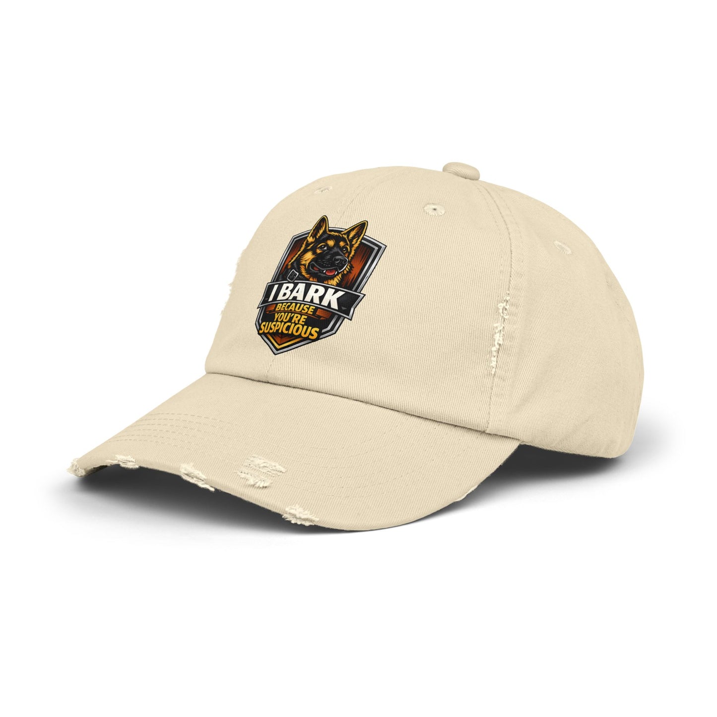 Distressed Cap — “I Bark Because You’re Suspicious” German Shepherd Patrol Hat