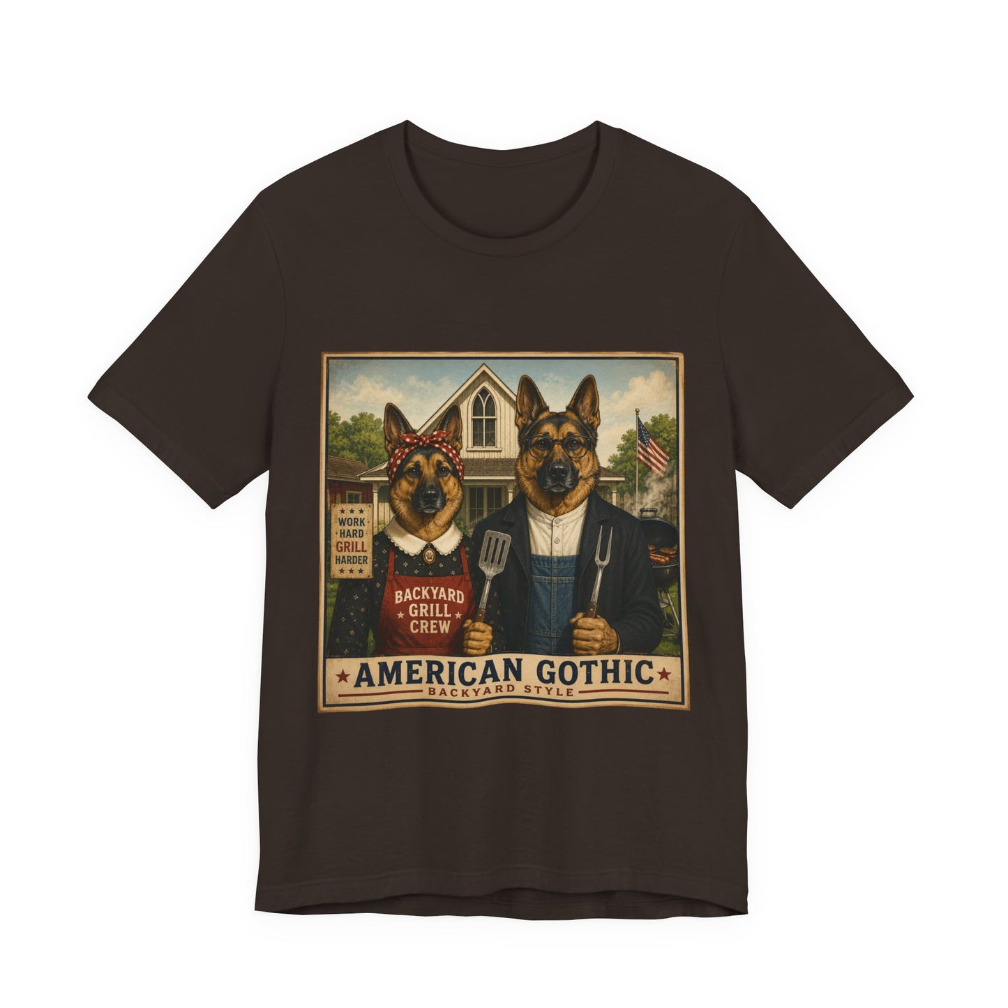 American Gothic – Backyard Style | German Shepherd BBQ T-Shirt