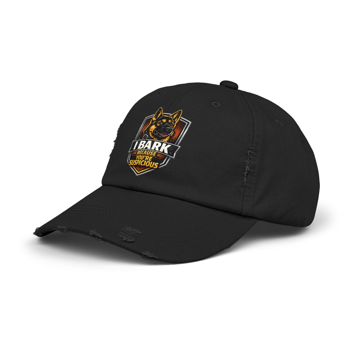 Distressed Cap — “I Bark Because You’re Suspicious” German Shepherd Patrol Hat