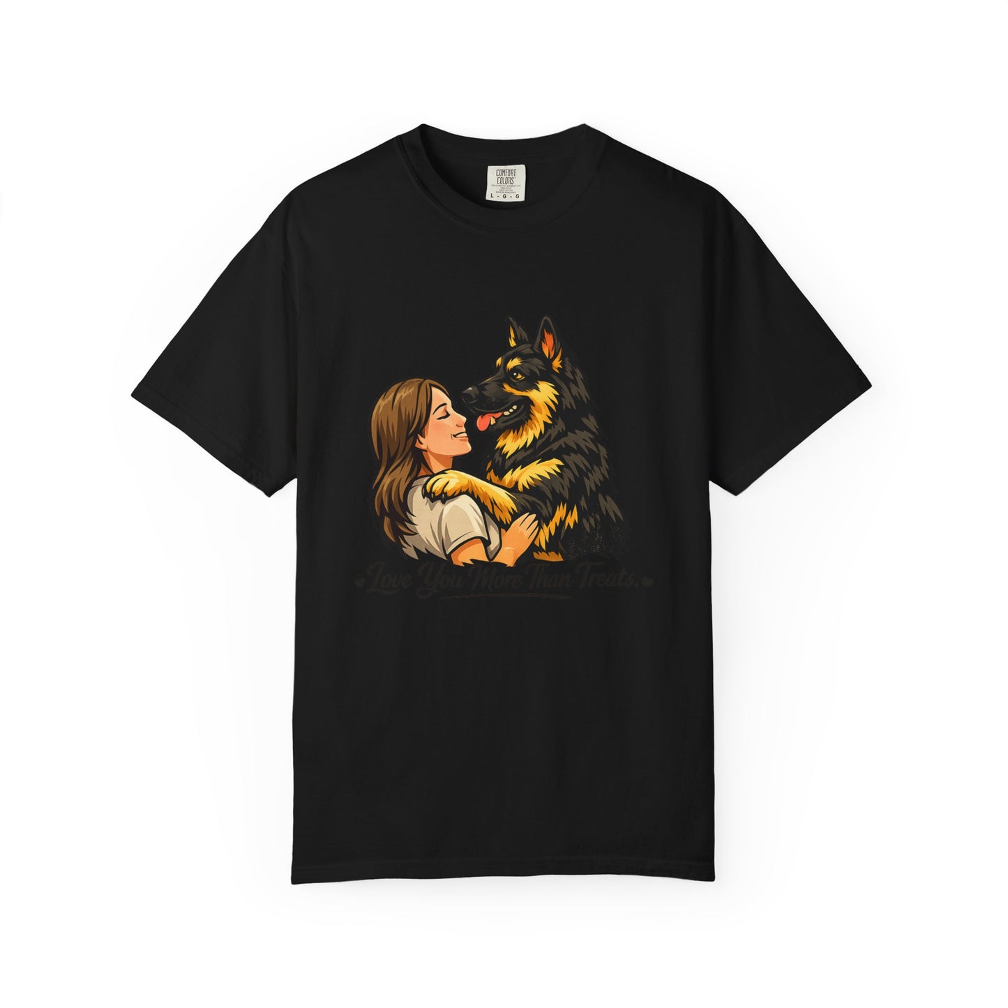 I Love You More Than Treats T-shirt | Girl Hugging German Shepherd Dog