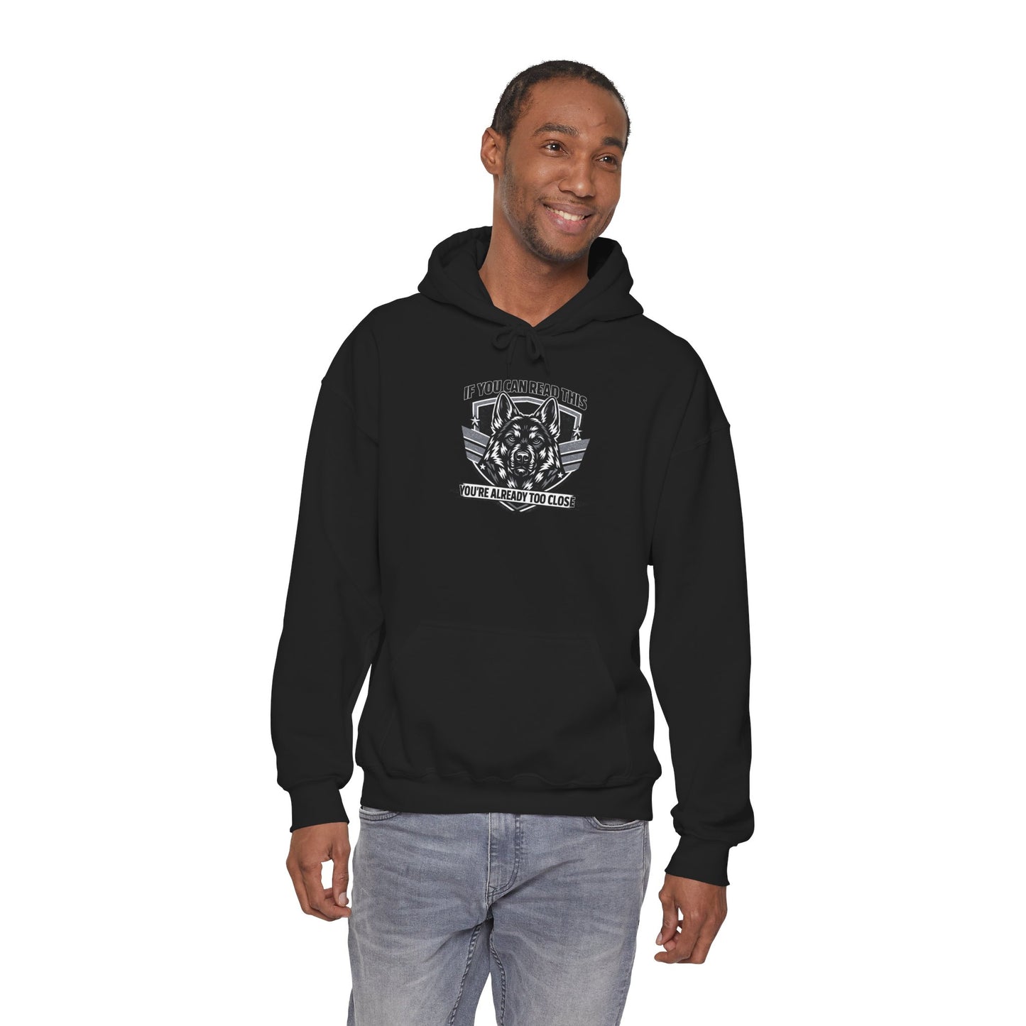 Hoodie — "If You Can Read This You're Already Too Close" Tactical Skull Graphic