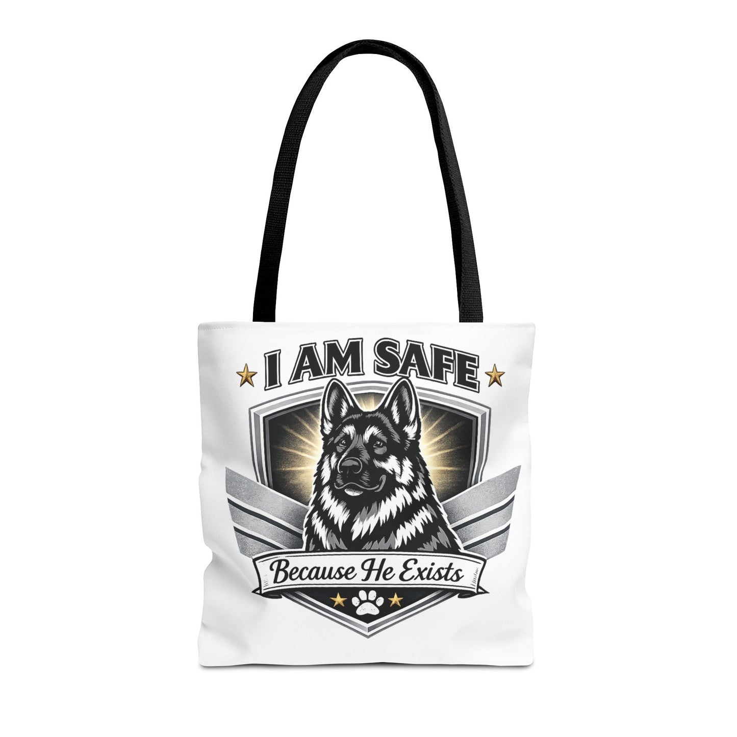 I Am Safe Because He Exists German Shepherd Tote Bag — K9 Protector Dog Lover Gift