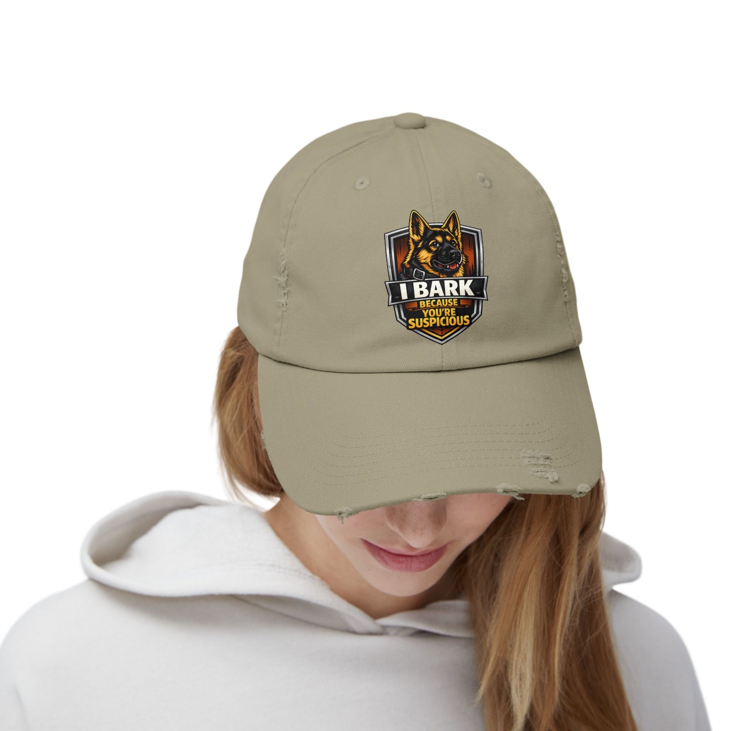 Distressed Cap — “I Bark Because You’re Suspicious” German Shepherd Patrol Hat