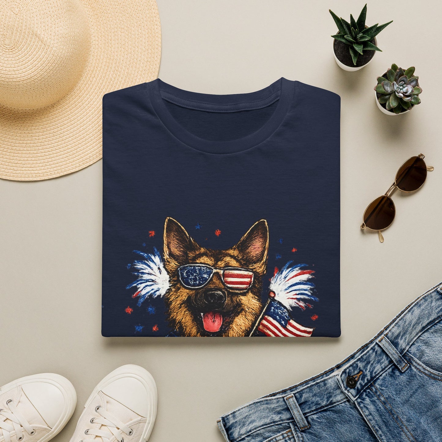 Patriotic German Shepherd Graphic T-Shirt | American Flag Sunglasses, Fireworks