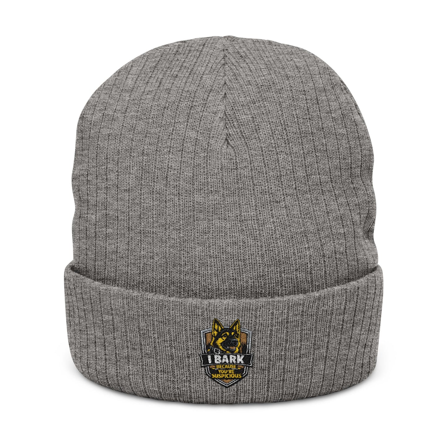 Embroidered Ribbed Knit Beanie — Vintage Crest Patch Winter Hat