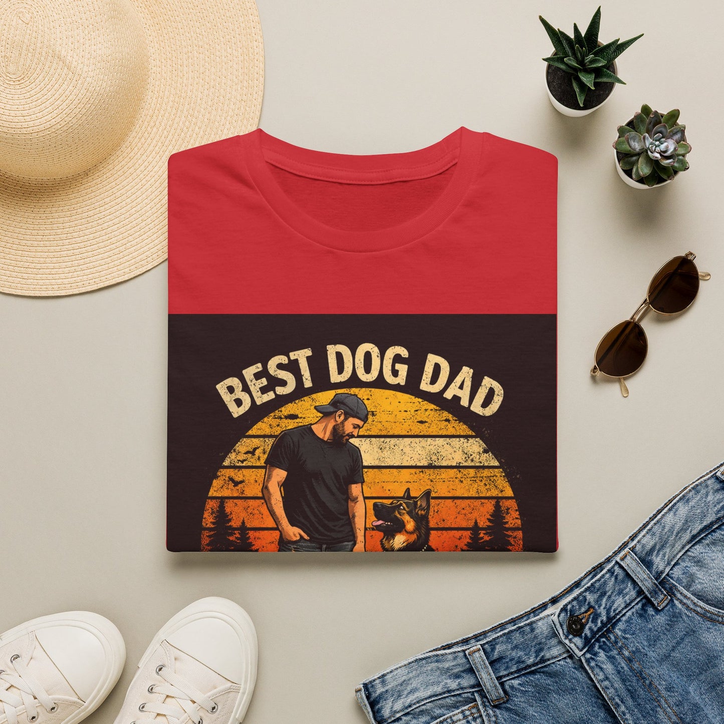 Best Dog Dad T-Shirt | Retro Sunset Dog Dad By My Side Design
