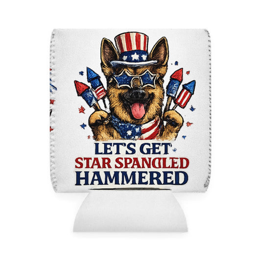Patriotic German Shepherd “Let’s Get Star Spangled Hammered” Can Cooler Sleeve – 4th of July Dog Lover Koozie | American Flag Drink Holder
