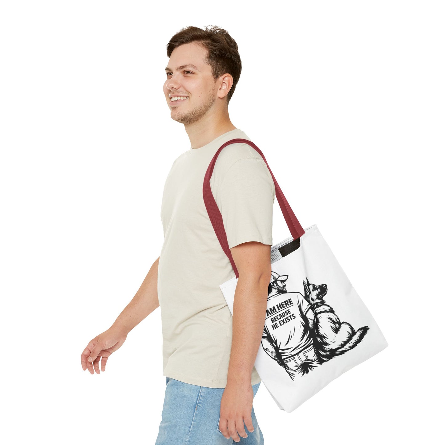 Dog Lover Tote Bag — "I Am Here Because He Exists" German Shepherd Gift