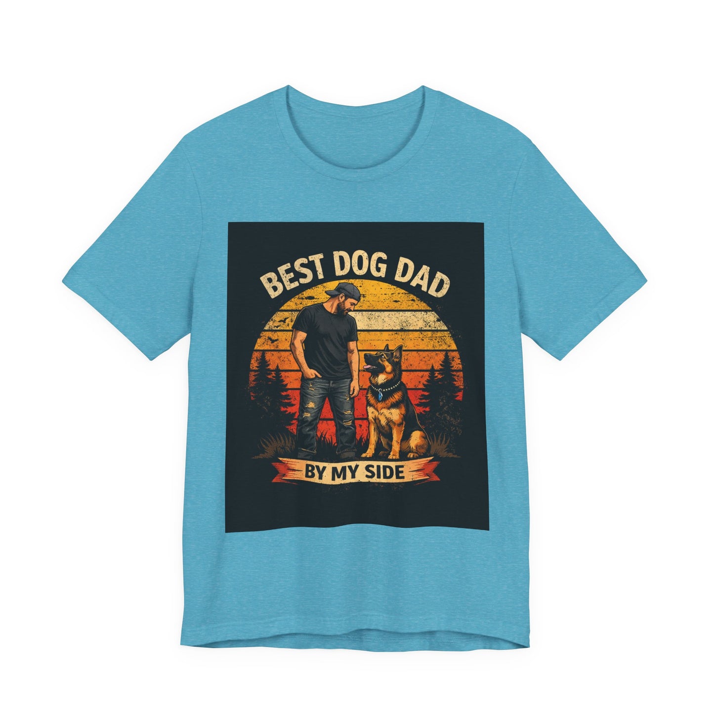 Best Dog Dad by My Side T‑Shirt — “By My Side” German Shepherd Father’s Day Gift Tee | Vintage Sunset Dog Lover Design | Bella Canvas 3001