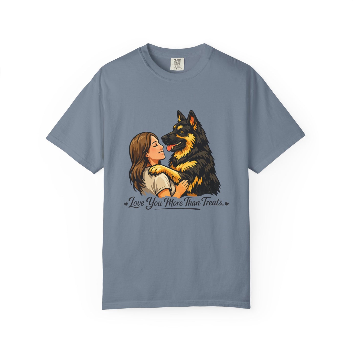 I Love You More Than Treats T-shirt | Girl Hugging German Shepherd Dog