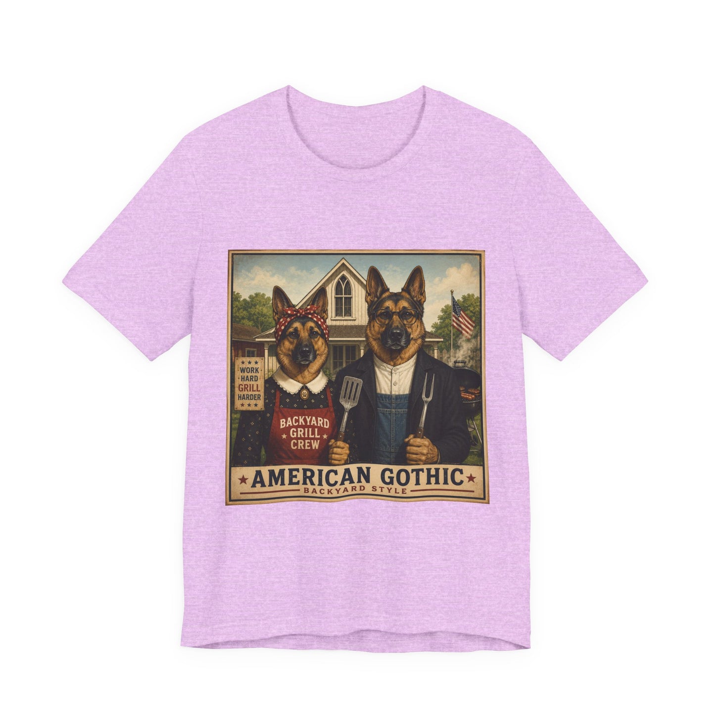American Gothic – Backyard Style | German Shepherd BBQ T-Shirt