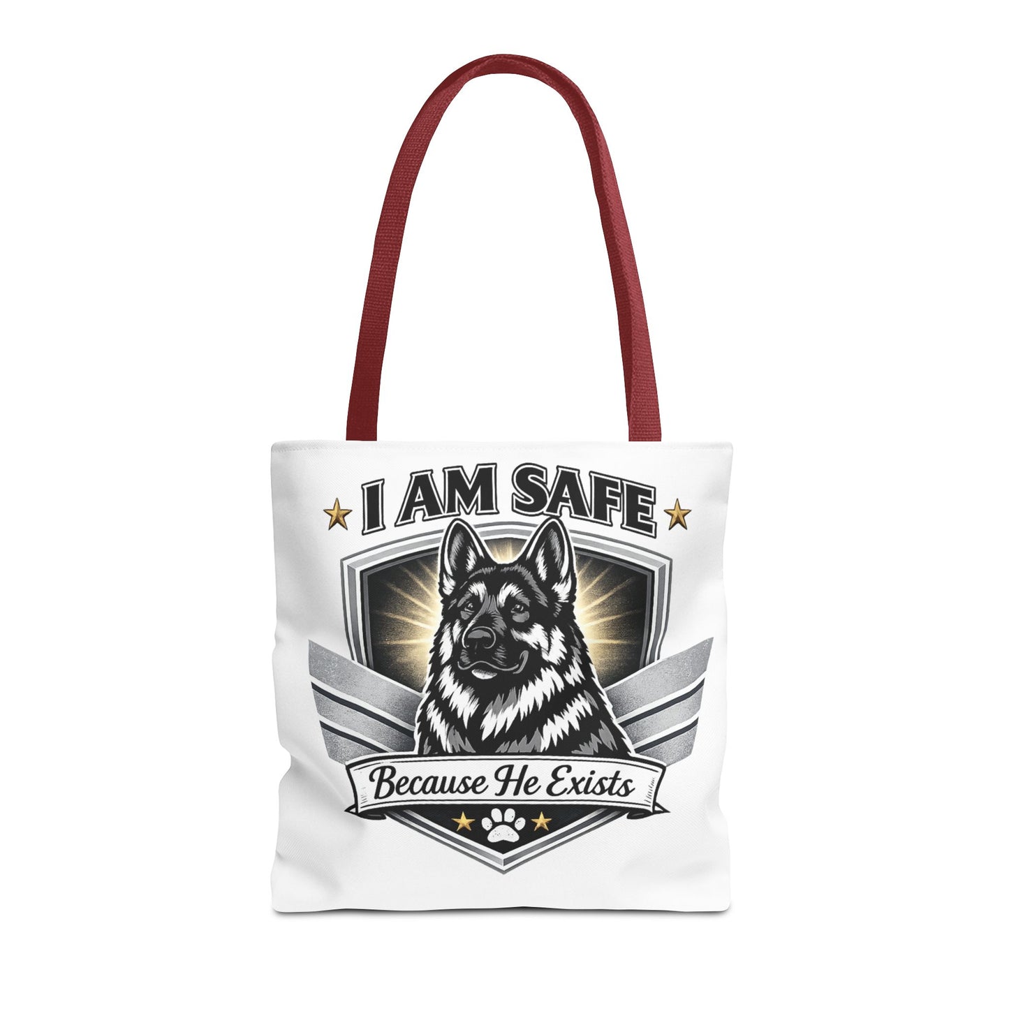 I Am Safe Because He Exists German Shepherd Tote Bag — K9 Protector Dog Lover Gift