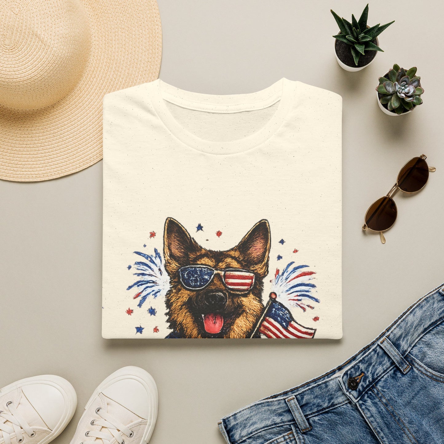 Patriotic German Shepherd Graphic T-Shirt | American Flag Sunglasses, Fireworks