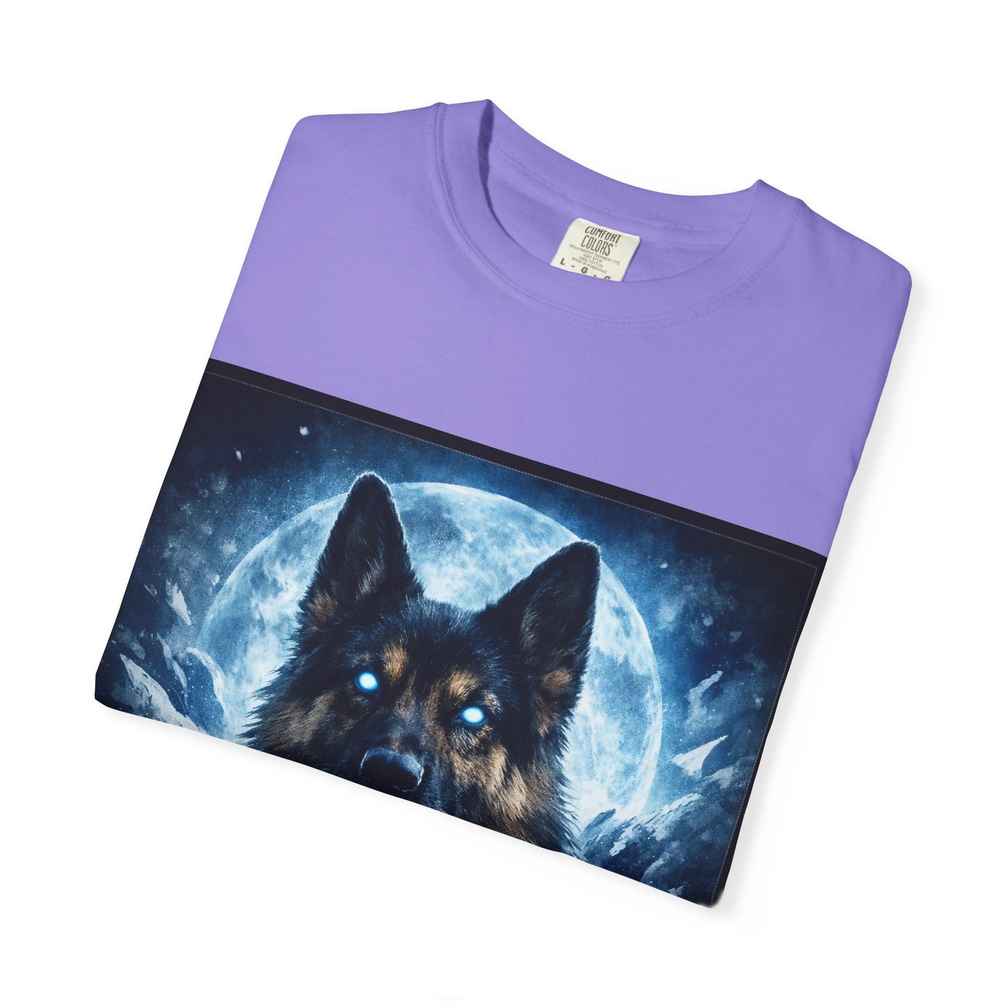 Mystic German Shepherd Moon T-shirt | Glowing Blue German Shepherd Portrait