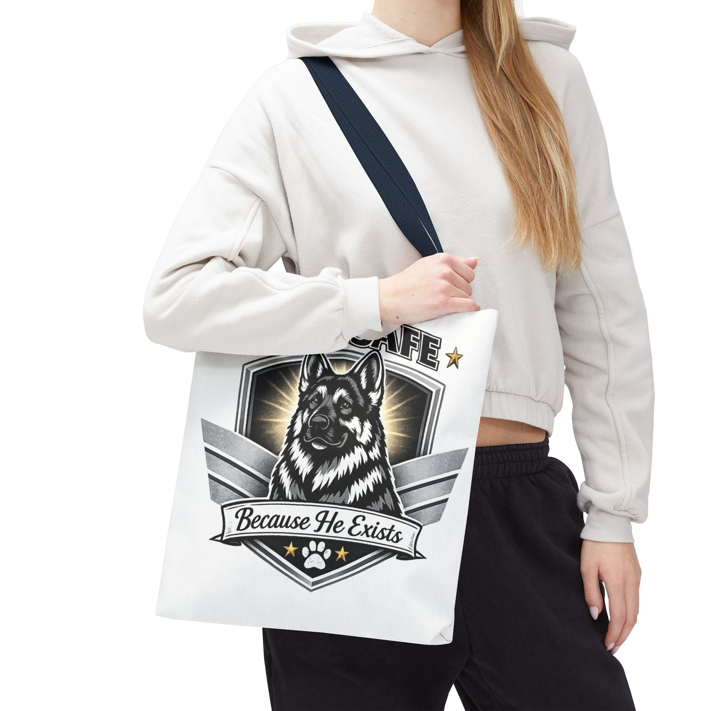 I Am Safe Because He Exists German Shepherd Tote Bag — K9 Protector Dog Lover Gift
