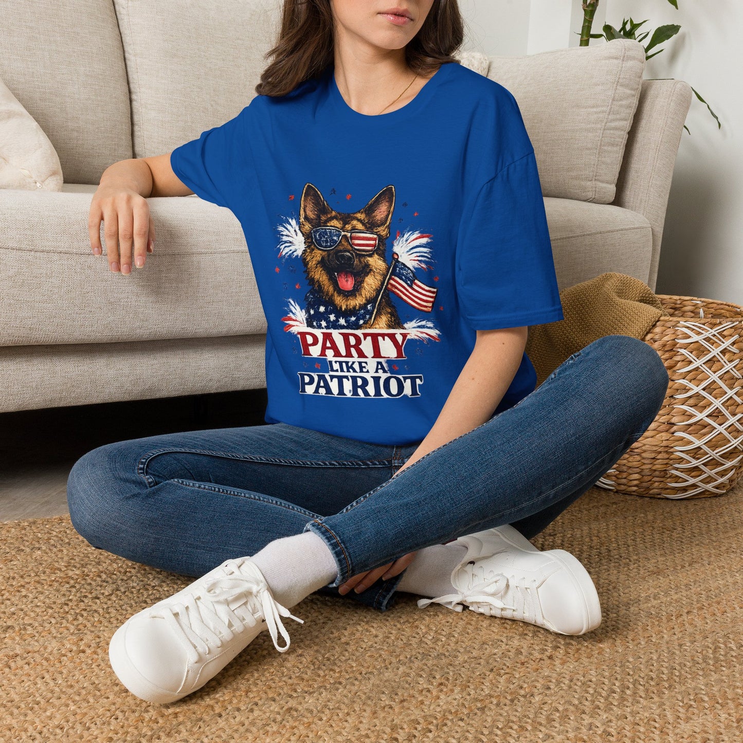 Patriotic German Shepherd Graphic T-Shirt | American Flag Sunglasses, Fireworks