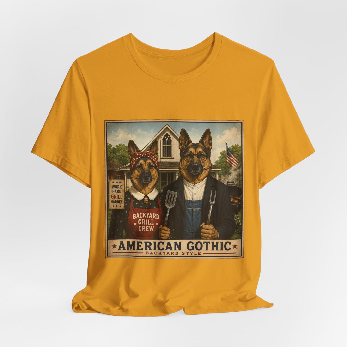 American Gothic – Backyard Style | German Shepherd BBQ T-Shirt