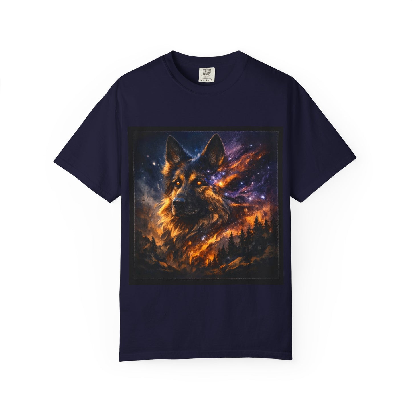 Cosmic German Shepherd Blaze T-Shirt | Galaxy fire Animal Artwork