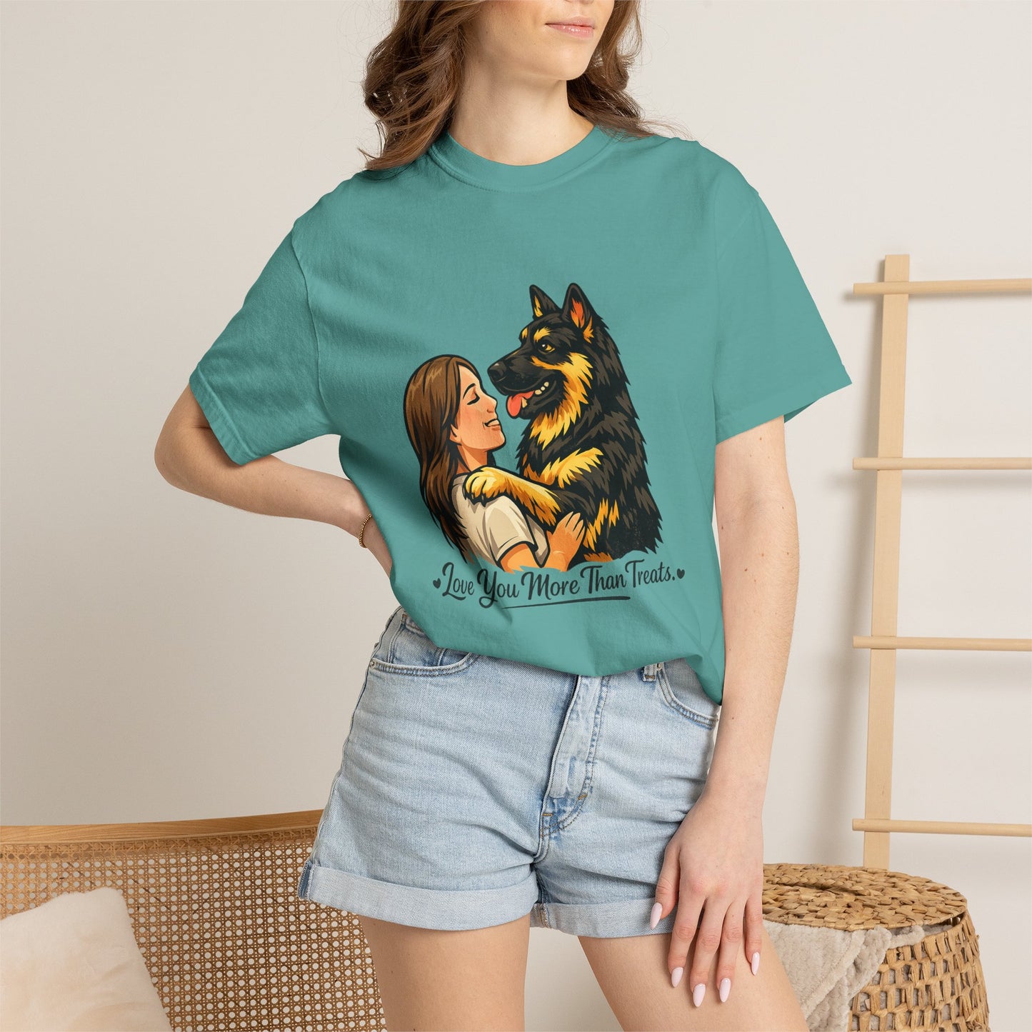I Love You More Than Treats T-shirt | Girl Hugging German Shepherd Dog