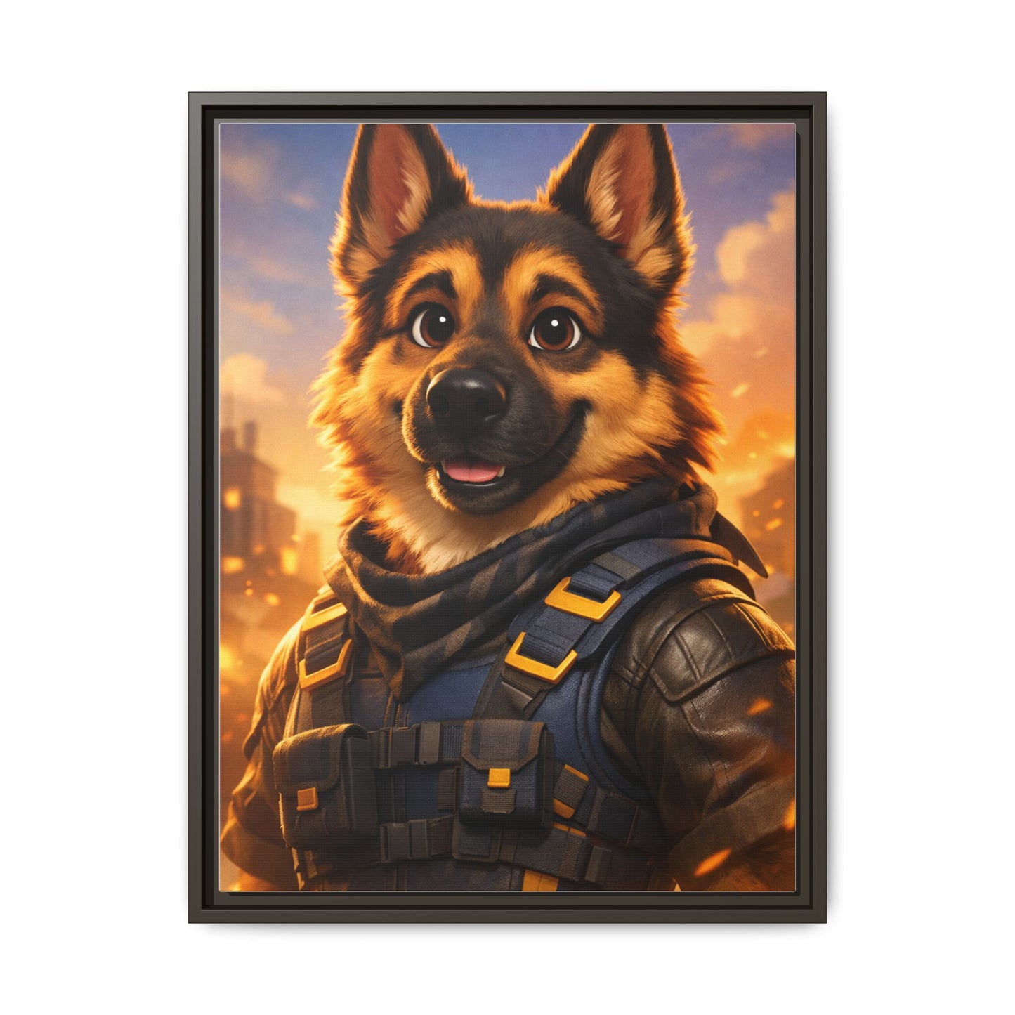 German Shepherd Hero Art – Tactical Dog Character Wall Canvas | Cinematic GSD Decor | Framed Matte Canvas