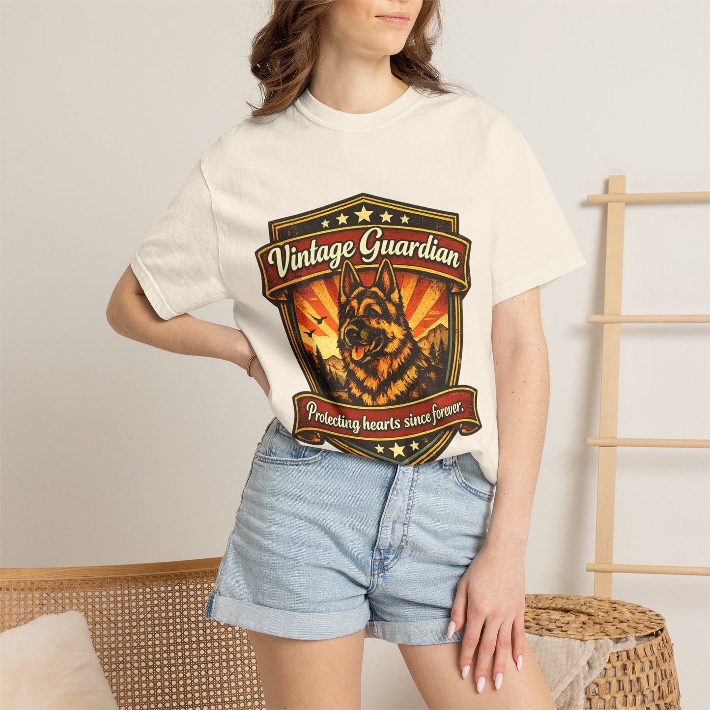 Vintage Guardian German Shepherd T-Shirt | Dog Badge Shield Design