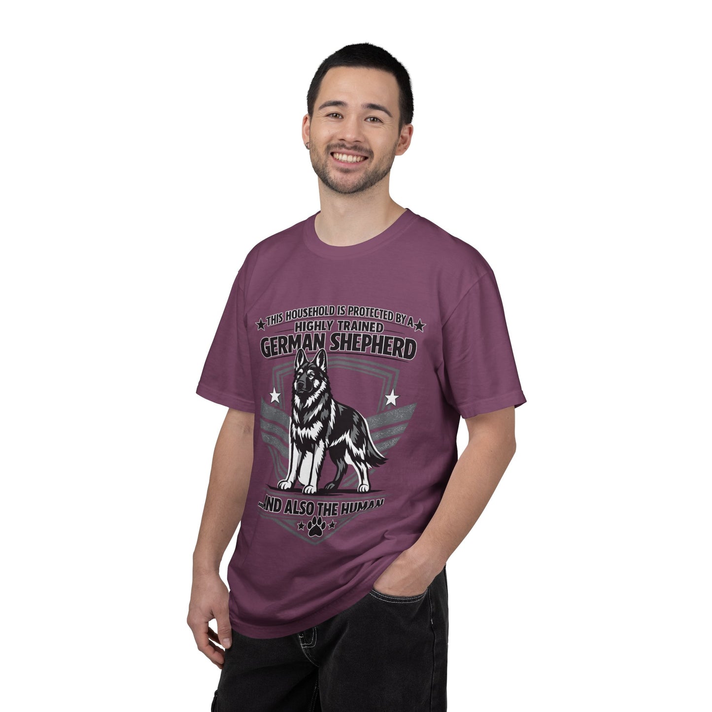 German Shepherd T-Shirt — "This Household Is Protected By A Highly Trained German Shepherd (And Also The Human)"
