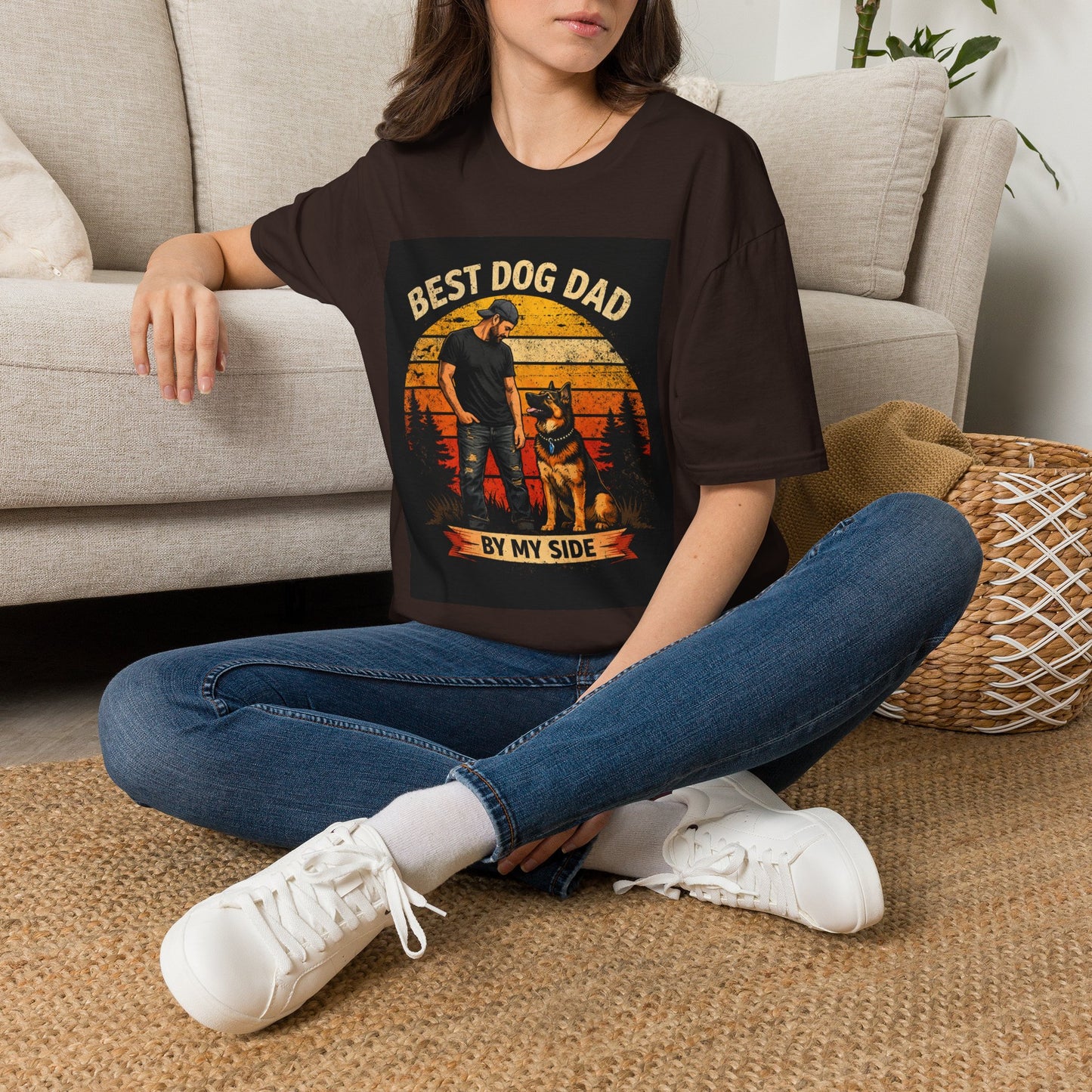 Best Dog Dad T-Shirt | Retro Sunset Dog Dad By My Side Design