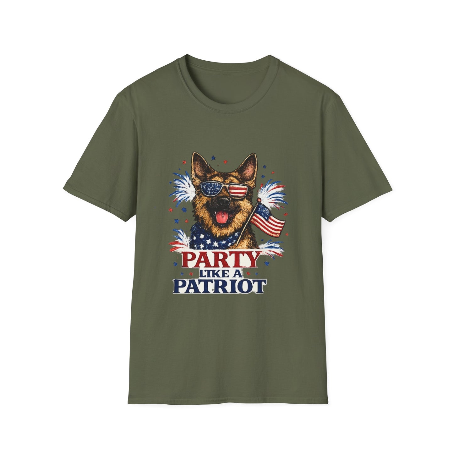 Patriotic German Shepherd Graphic T-Shirt | American Flag Sunglasses, Fireworks
