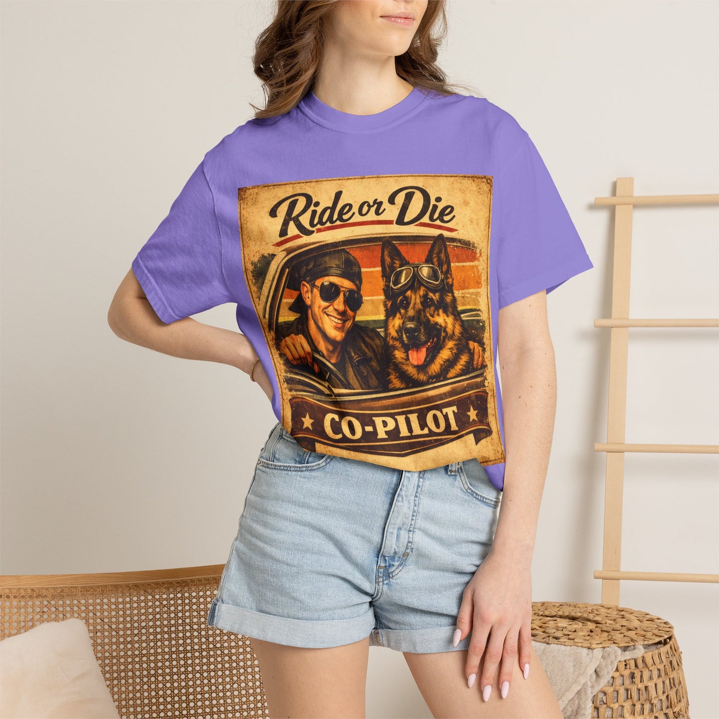 Ride or Die Co-Pilot T-shirt | Retro Driver and German Shepherd Design