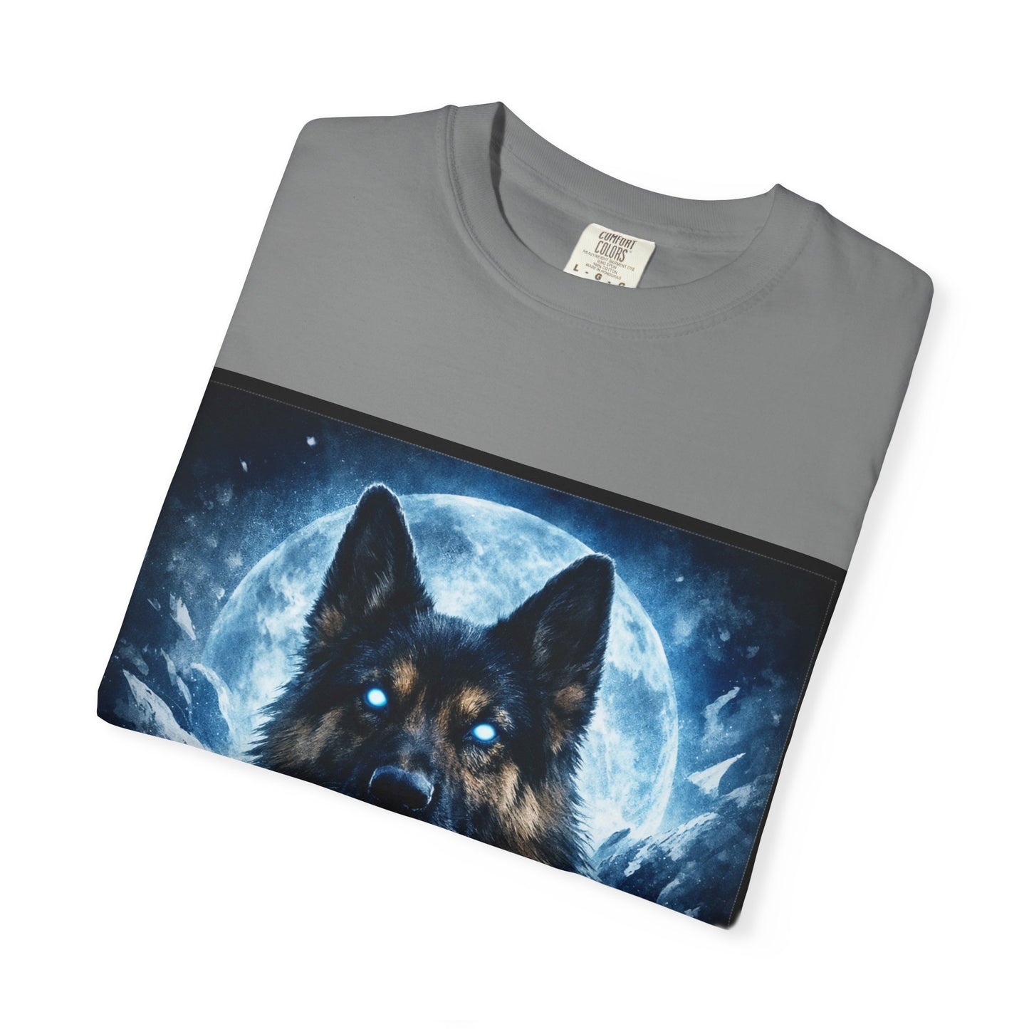 Mystic German Shepherd Moon T-shirt | Glowing Blue German Shepherd Portrait