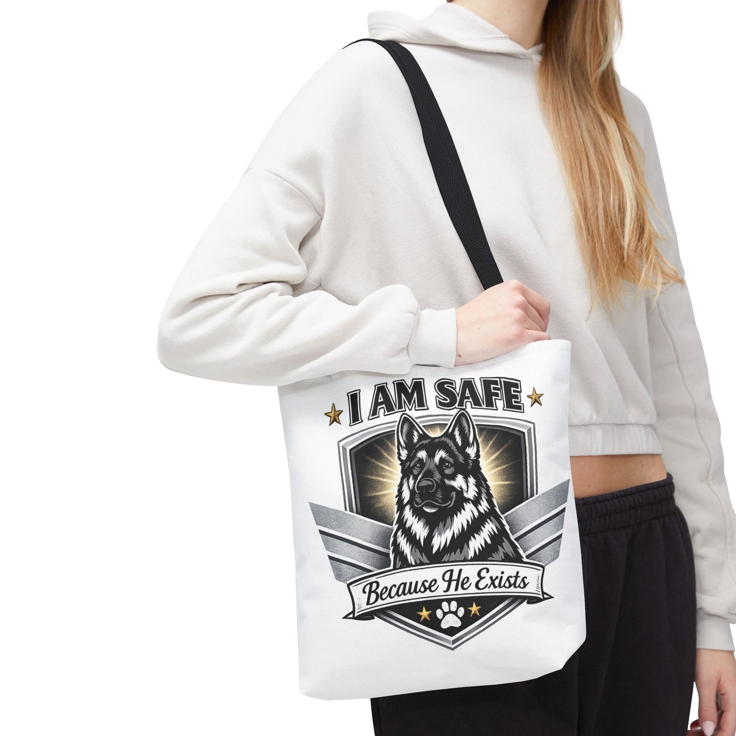 I Am Safe Because He Exists German Shepherd Tote Bag — K9 Protector Dog Lover Gift