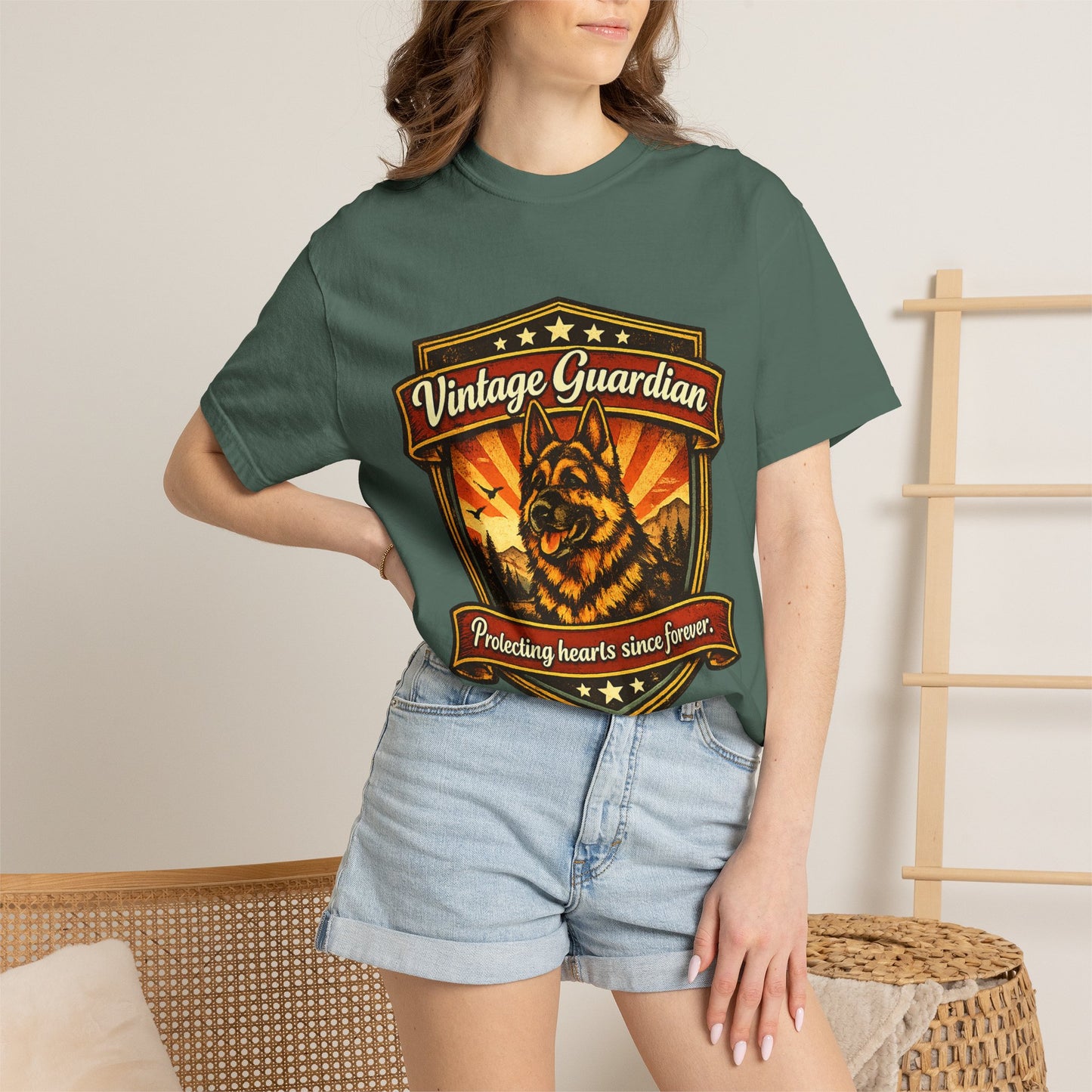 Vintage Guardian German Shepherd T-Shirt | Dog Badge Shield Design