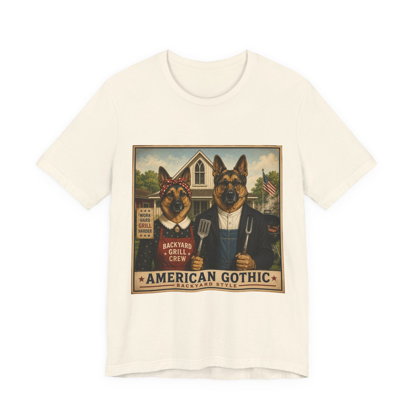 American Gothic – Backyard Style | German Shepherd BBQ T-Shirt
