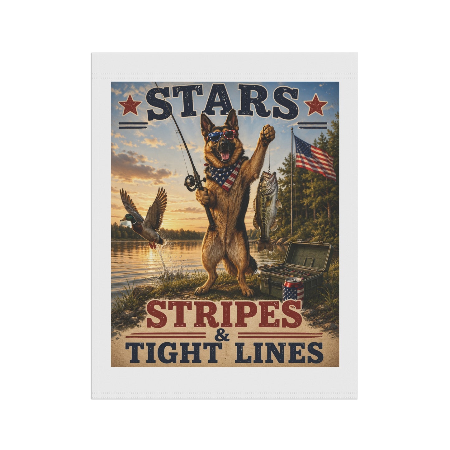 Patriotic German Shepherd Fishing Garden Flag - "Stars, Stripes & Tight Lines"