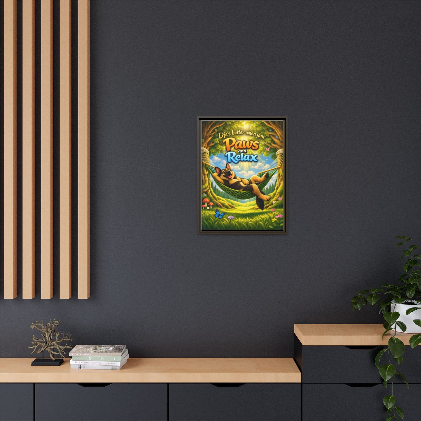 German Shepherd Wall Art – "Life's Better When You Paws and Relax" Framed Canvas Print