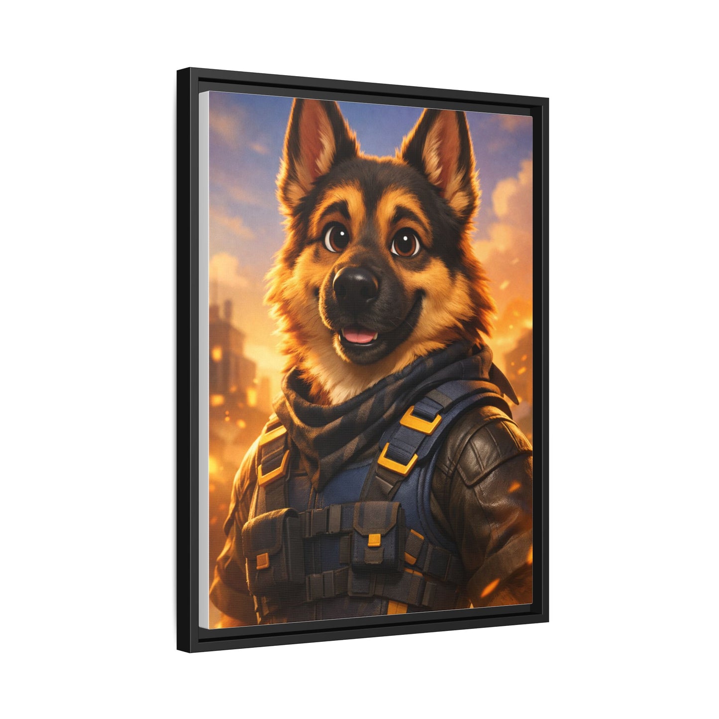German Shepherd Hero Art – Tactical Dog Character Wall Canvas | Cinematic GSD Decor | Framed Matte Canvas