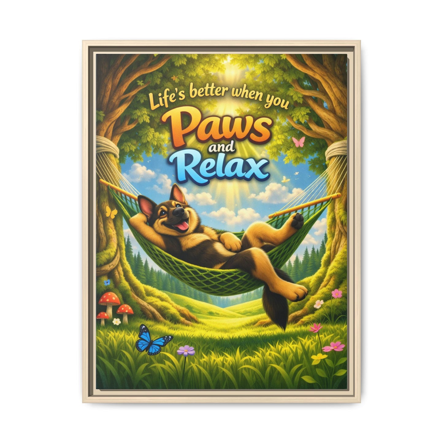 German Shepherd Wall Art – "Life's Better When You Paws and Relax" Framed Canvas Print