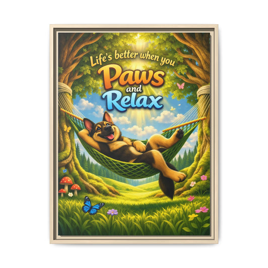German Shepherd Wall Art – "Life's Better When You Paws and Relax" Framed Canvas Print