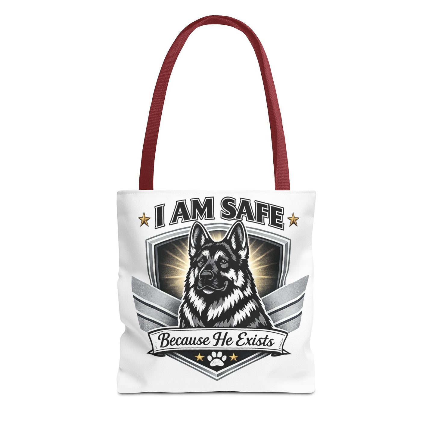 I Am Safe Because He Exists German Shepherd Tote Bag — K9 Protector Dog Lover Gift